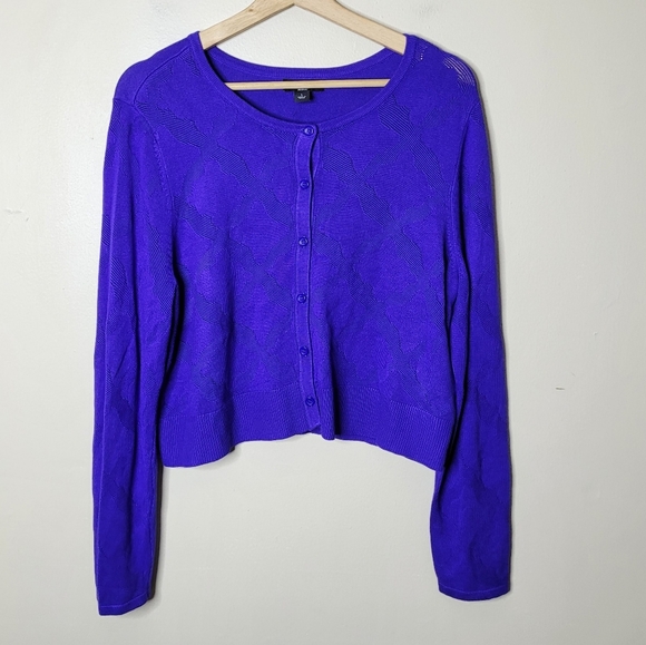 Jason Wu Cropped Cardigan L Royal Blue Textured Knit Button Front NWOT Preppy - Picture 2 of 8